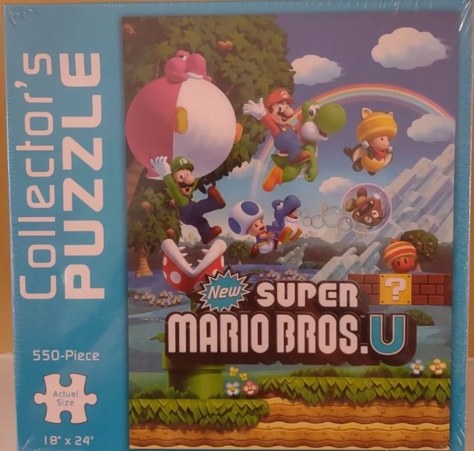 Digital illustration of Super Mario characters Mario, Luigi, Yoshi, and Toad leaping through a bright game world.