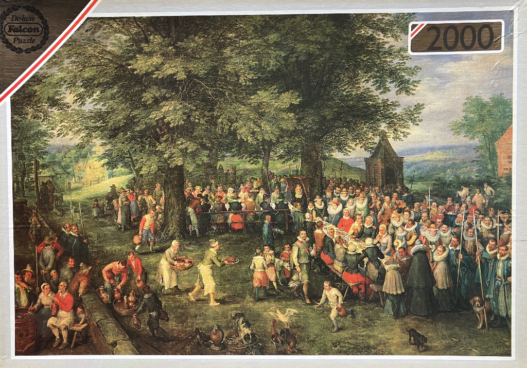 A 17th-century style oil painting depicting a crowded village outdoor wedding feast under large trees.