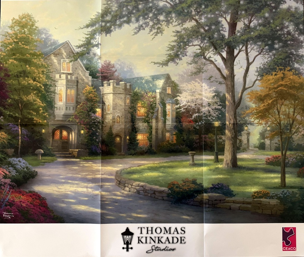 A cozy stone manor house nestled in a lush garden with warm, glowing windows at twilight.