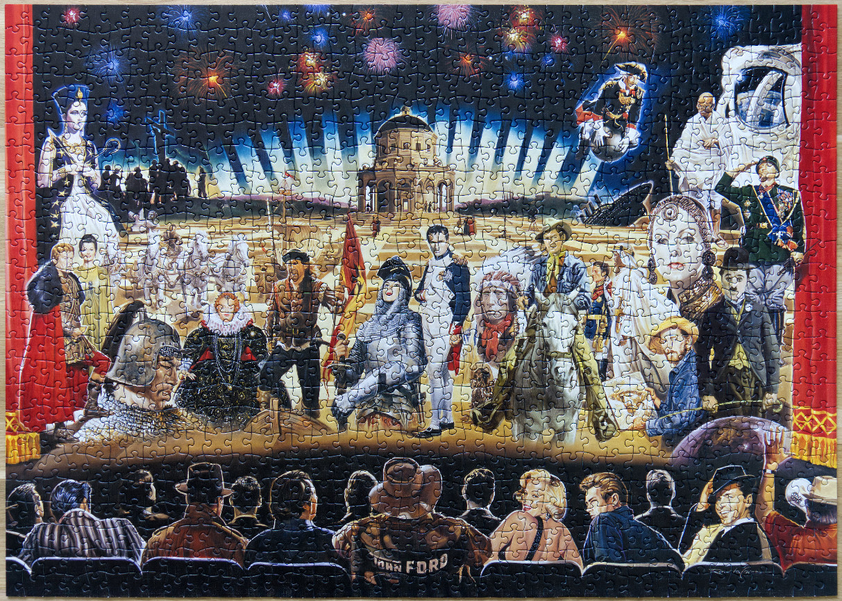A surreal painting of a movie theater audience watching a stage populated by historical figures and film icons.