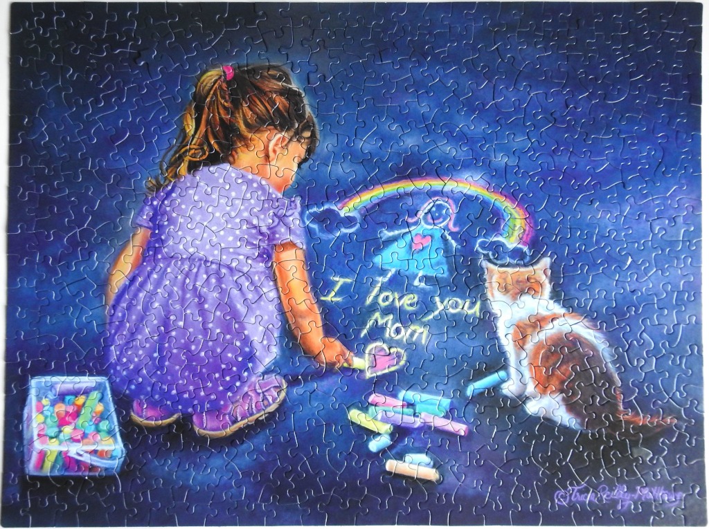 A young girl in a purple dress drawing with chalk on the ground next to a cat.