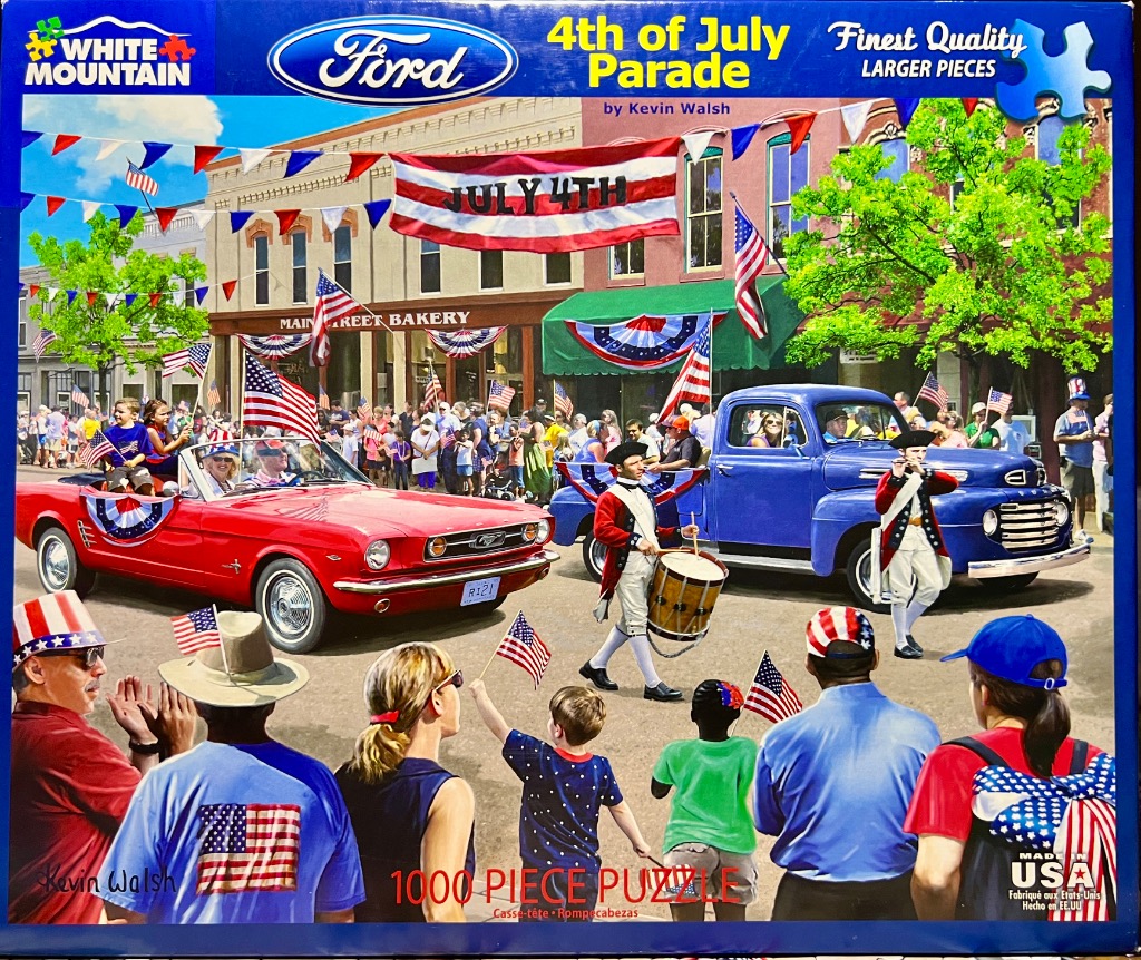 Illustration of a nostalgic 4th of July parade with a red vintage convertible and a blue pickup truck on a town street.