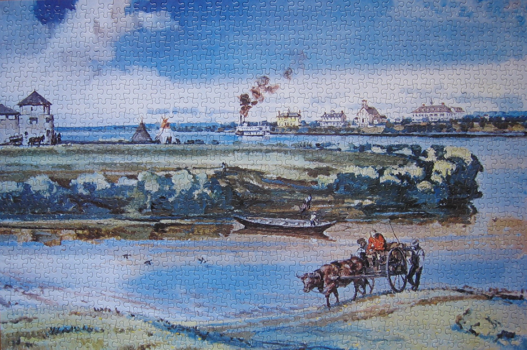 Historical painting of a 19th-century riverside settlement with a horse-drawn cart and steamboat.