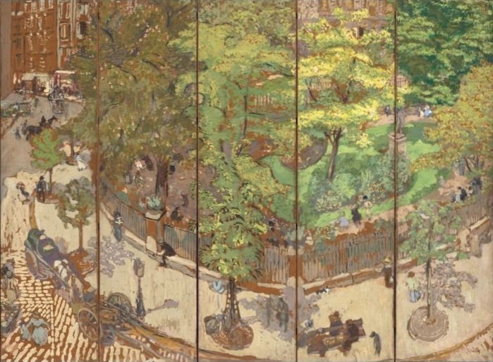 An impressionist painting showing a bustling city square with a circular fenced park surrounded by people and horse carriages