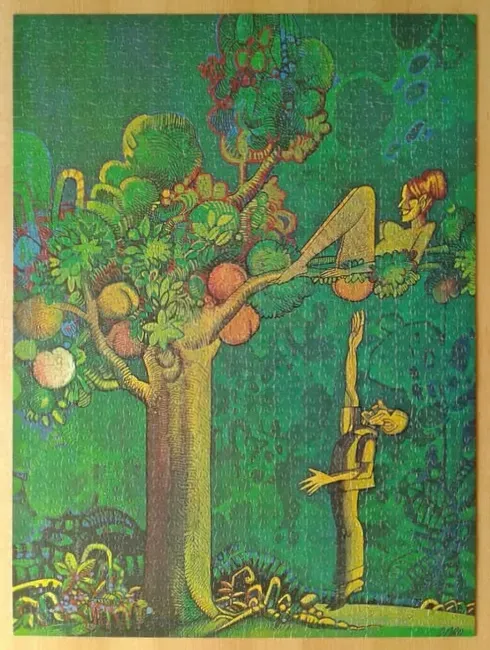 An illustration of a woman reclining in a fruit tree while a man reaches up toward her from below.