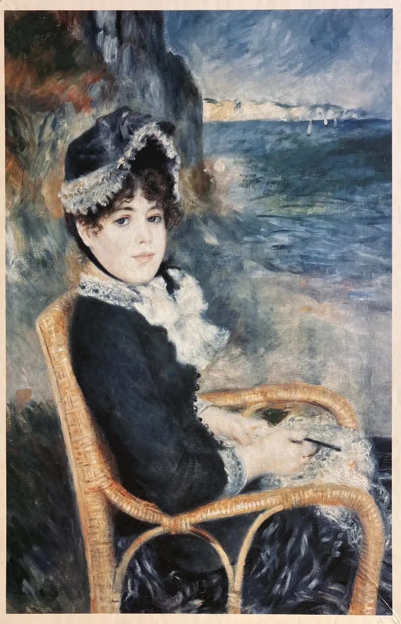Painting of a young woman in a bonnet seated in a wicker chair by the sea.
