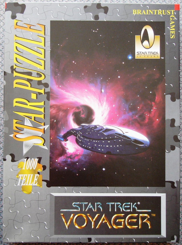 The Starship Voyager flying through a vibrant pink and purple nebula in deep space.
