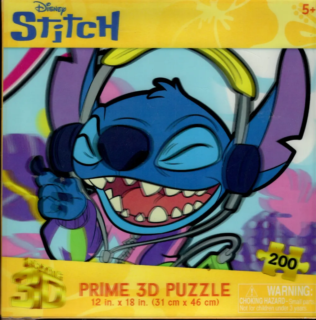 Illustration of the blue alien character Stitch smiling and wearing yellow and grey headphones.