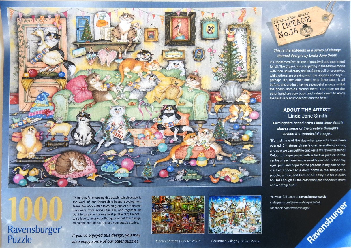 An illustration featuring many cats playing in a festive living room, surrounded by ornaments, presents, and tiny mice.