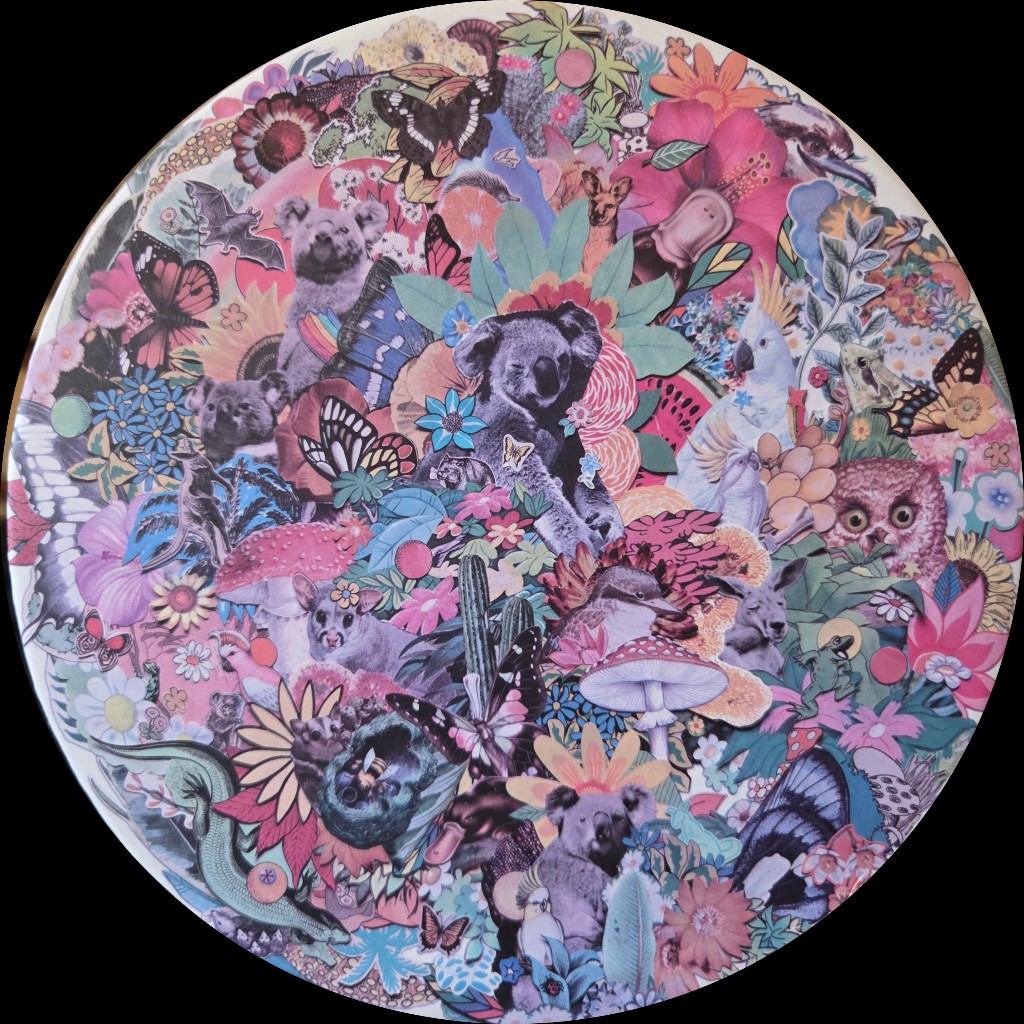 Circular collage featuring Australian wildlife, butterflies, and vibrant floral elements.