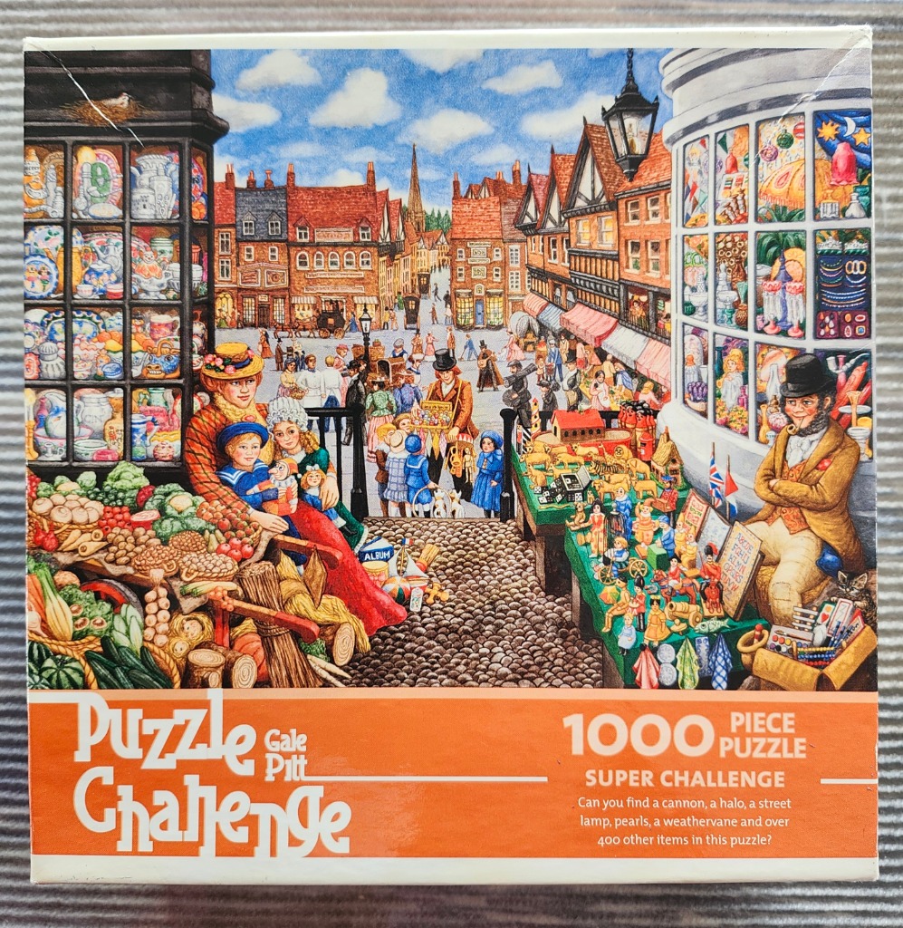A bustling Victorian-style street scene with shops, market stalls, and people in period clothing.
