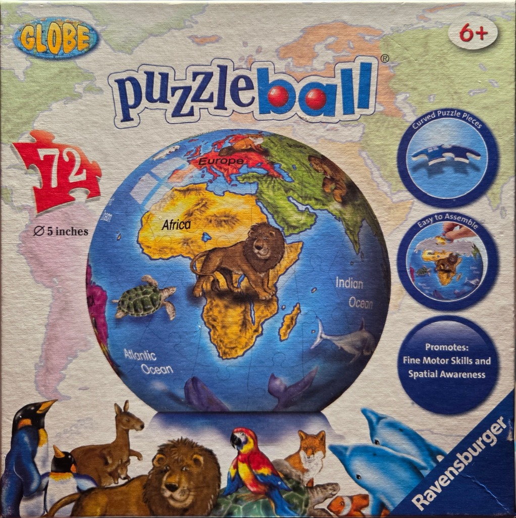 A globe graphic featuring illustrations of animals and continents against a world map background.