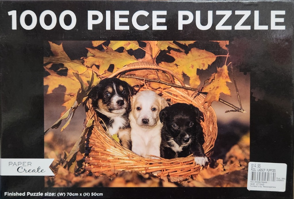 Three puppies huddled together inside a woven wicker basket surrounded by autumn leaves.