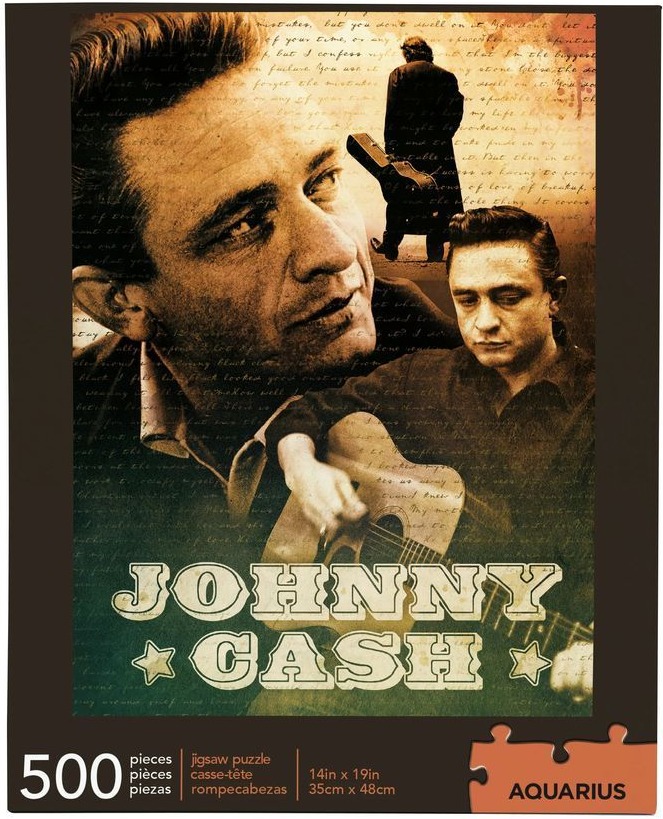 A montage of Johnny Cash, featuring a large close-up portrait and a figure playing guitar.