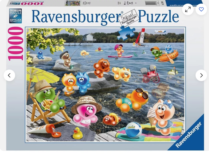 Cartoon illustration of colorful anthropomorphic gummy bear-like characters enjoying a sunny day at a lake.