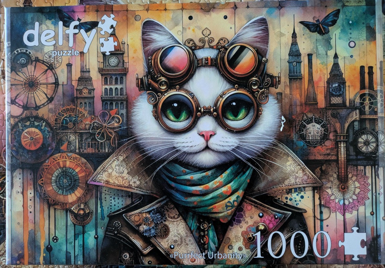 A whimsical illustration of a white cat dressed in steampunk attire against a backdrop of a stylized cityscape.