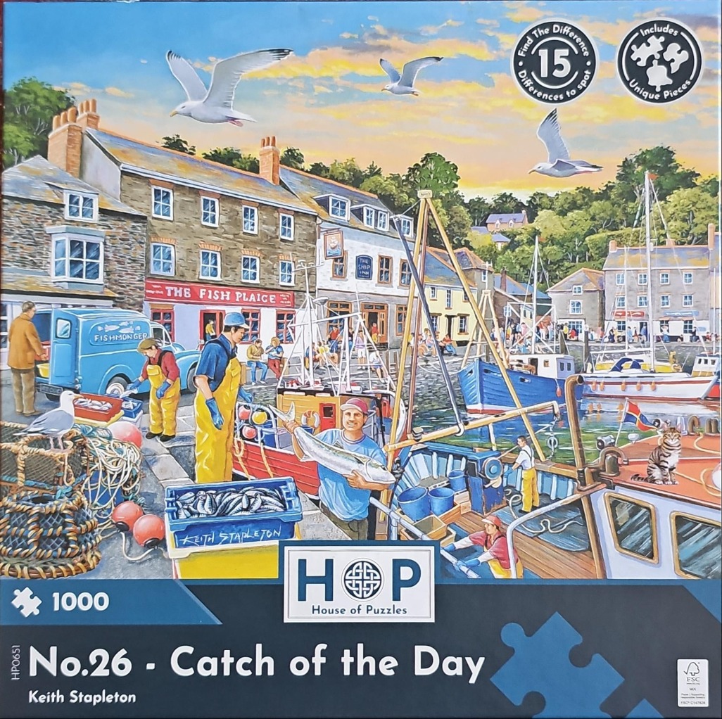 Busy harbour scene with fishermen, boats, seagulls, and a village background at sunset.