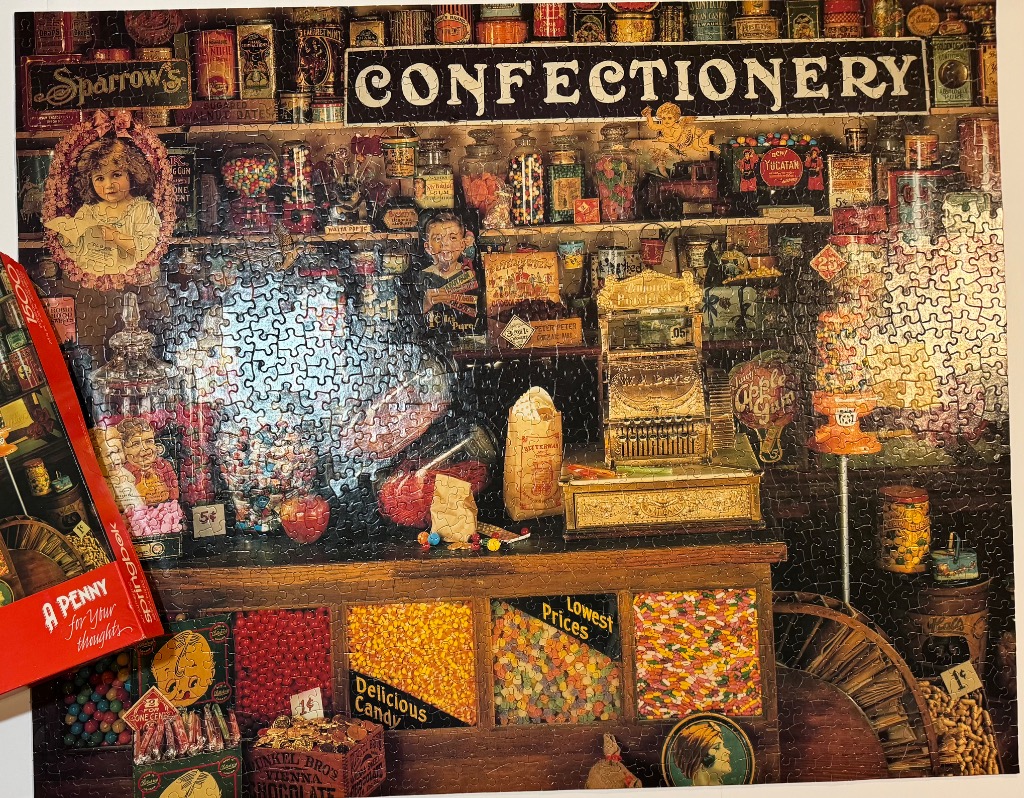 A nostalgic, sepia-toned vintage candy store interior filled with jars of sweets, a brass cash register, and advertisements.