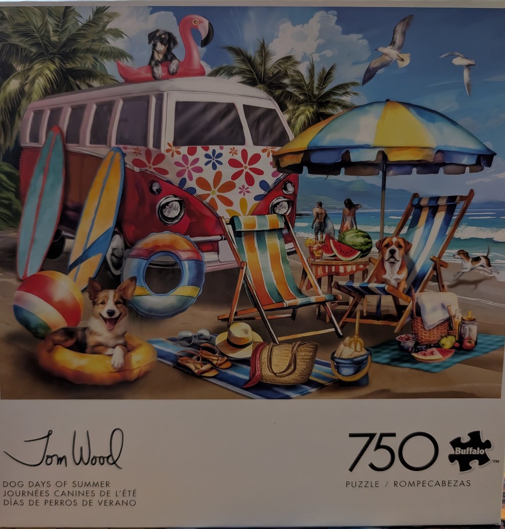 Illustration of dogs enjoying a sunny beach day next to a vintage camper van.