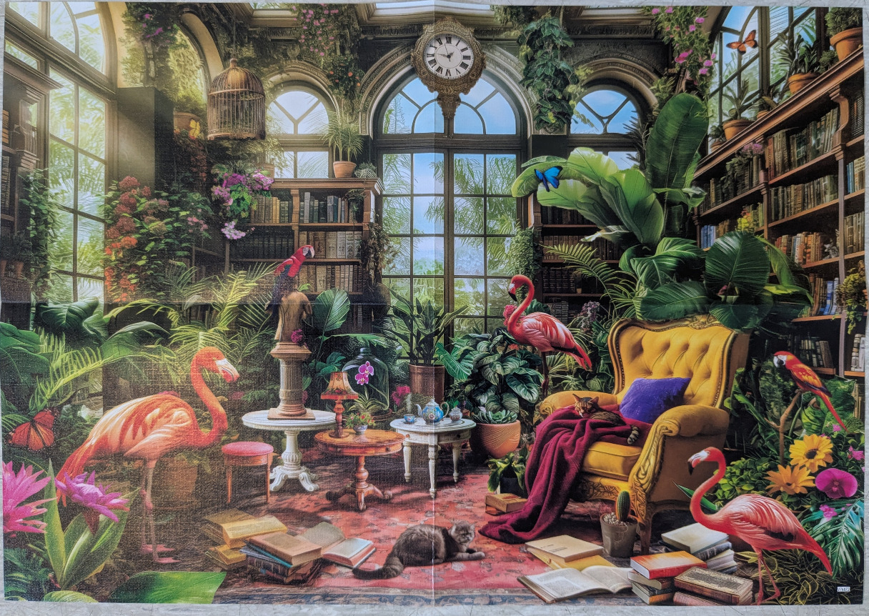 A lush indoor garden room with bookshelves, a yellow armchair, and tropical birds.