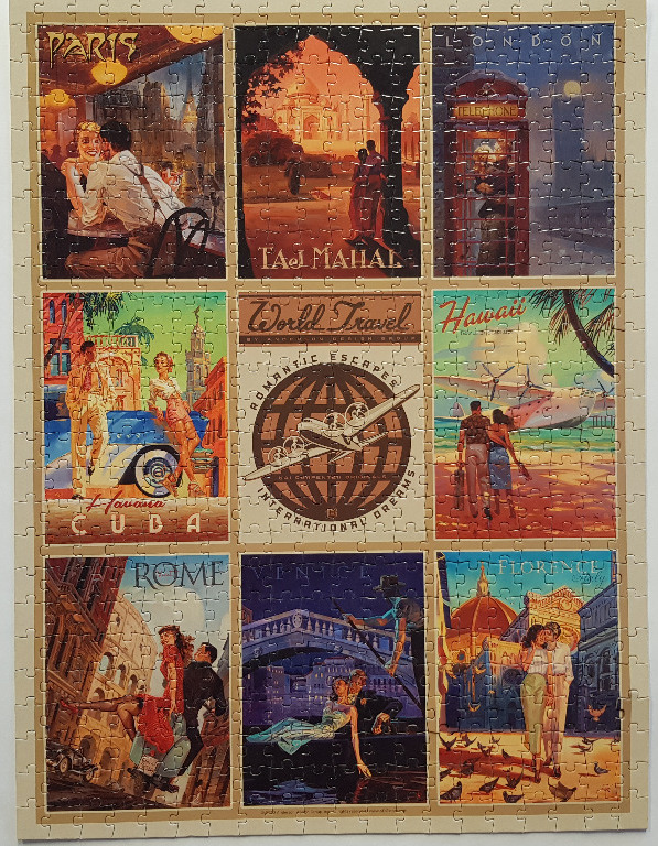 A collage of nine vintage travel posters featuring romantic couples in iconic global cities.