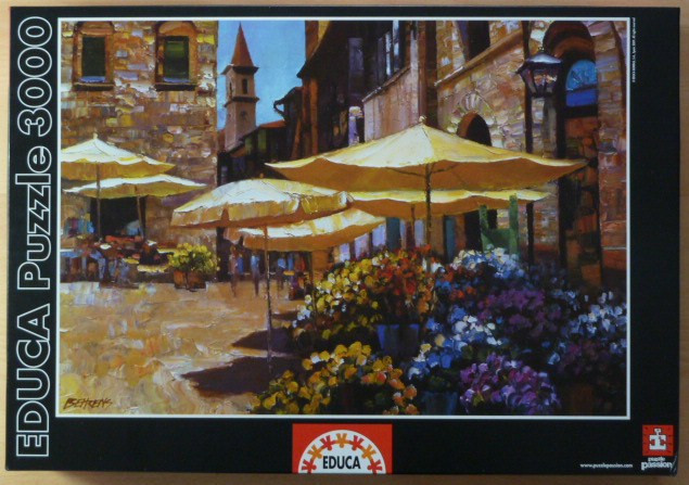 Impressionistic painting of a sunny European town square with cafe umbrellas and flower stalls.