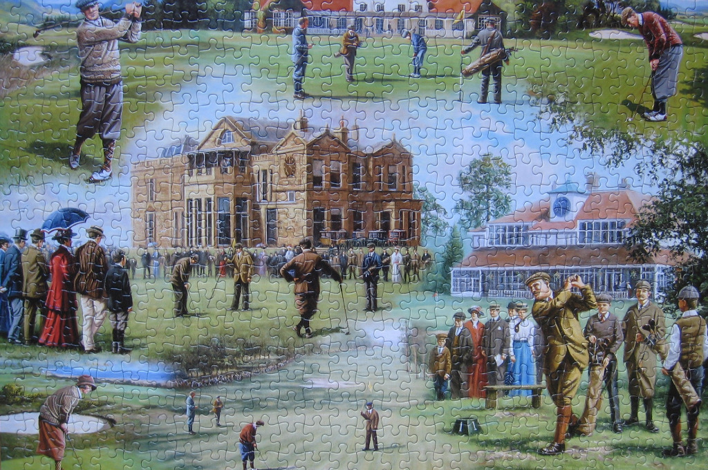 A nostalgic painting of golfers in vintage attire at a grand estate golf course.