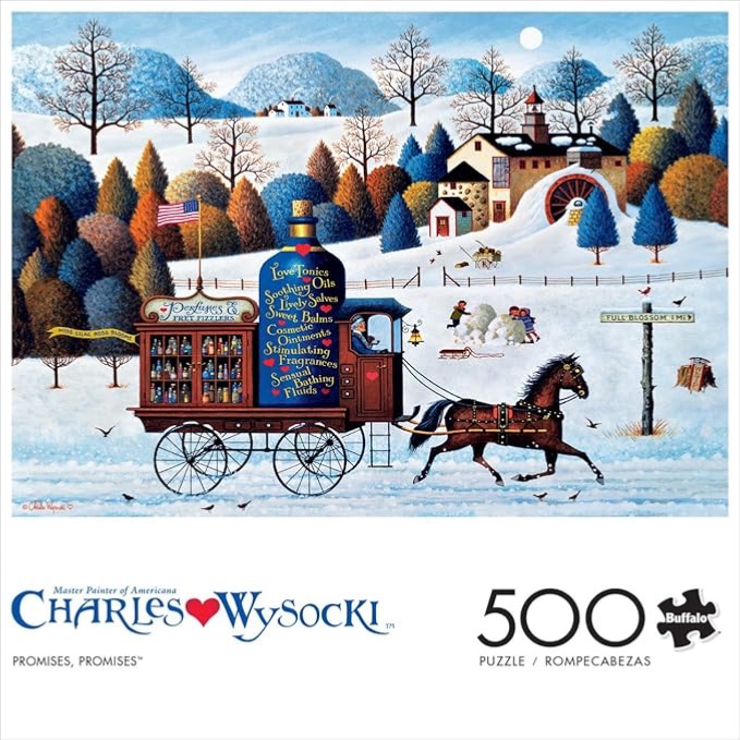 A horse-drawn wagon carrying a giant perfume bottle travels through a snowy winter landscape with trees and a mill.