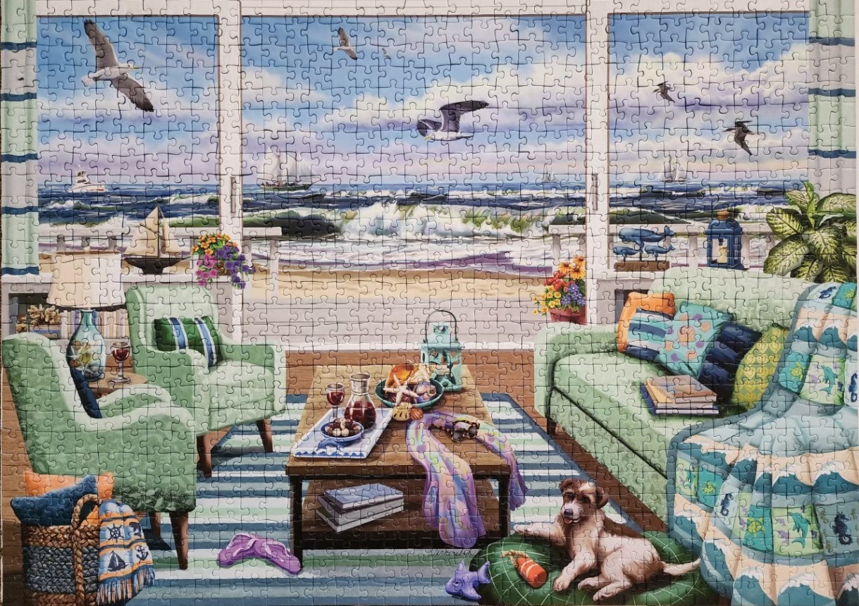 A cozy sunroom looking out over a beach scene with a dog resting on the floor.