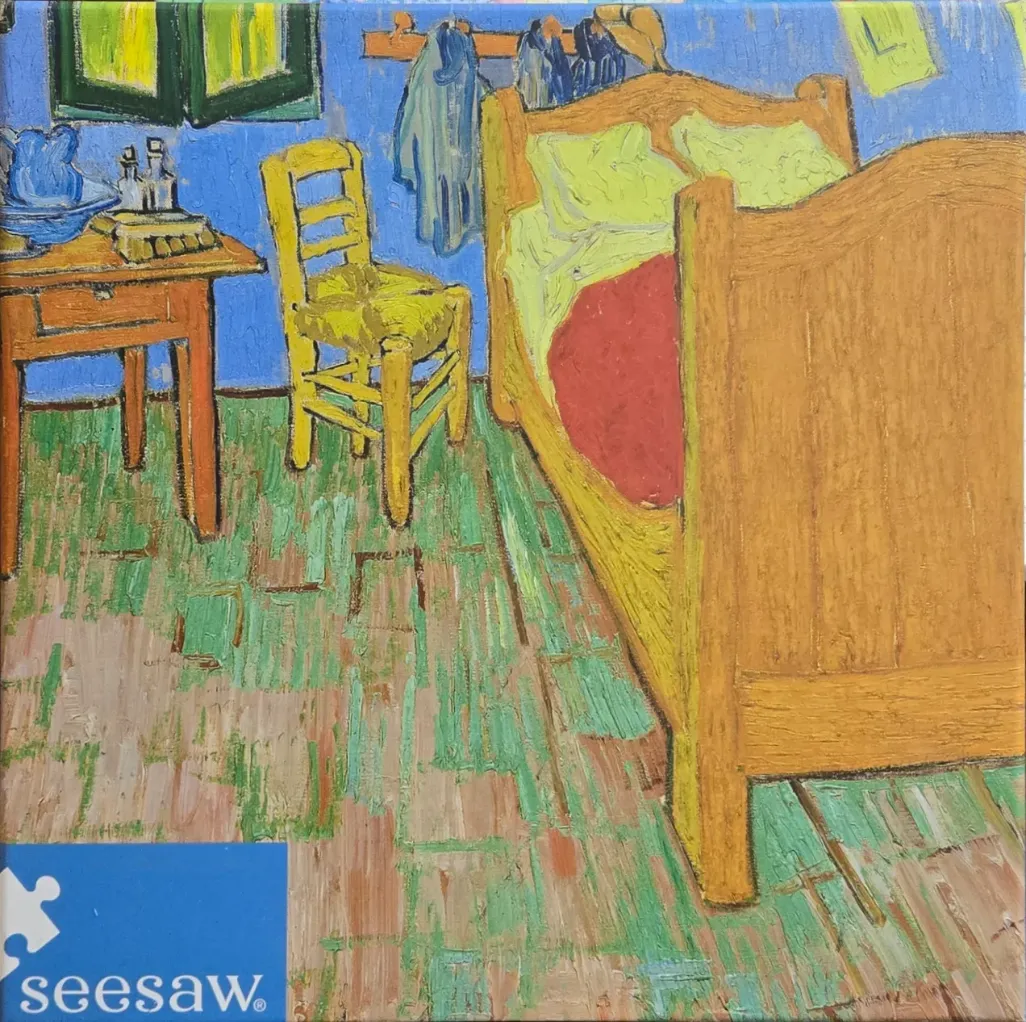 A post-impressionist painting of a simple bedroom interior featuring a wooden bed, a yellow chair, and a desk.