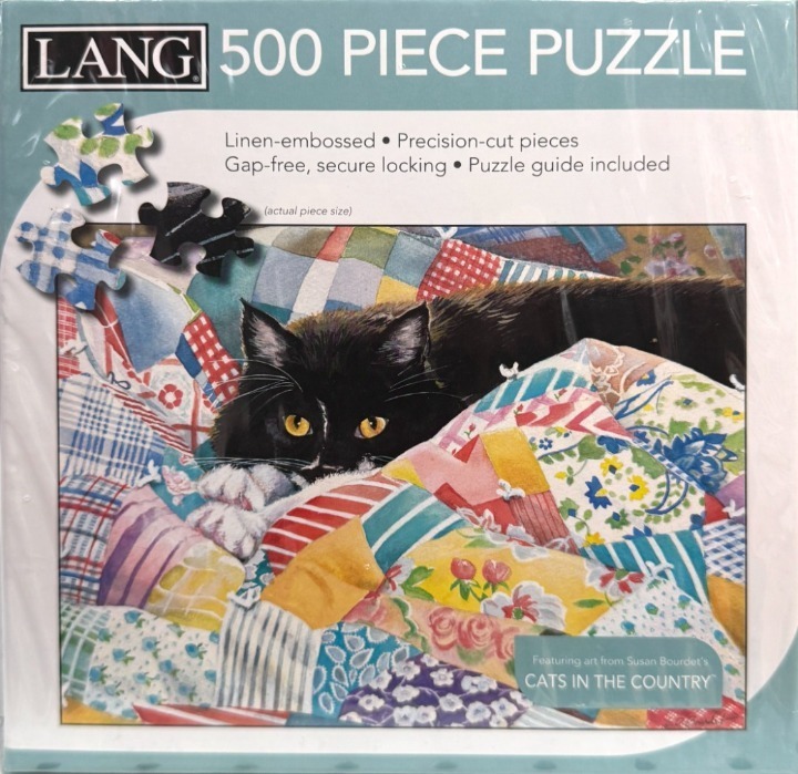A black and white cat lying on a colorful patchwork quilt.