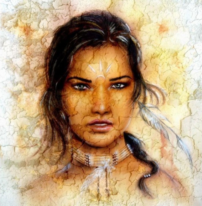 A close-up illustration of a young woman with dark hair and a light, crackled texture overlaid on her face.