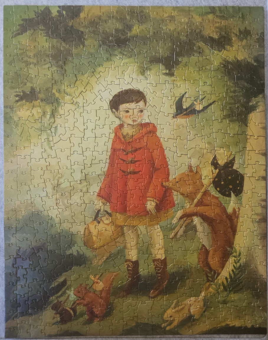 Illustration of a child in a red coat standing in a forest with a fox and other woodland animals.