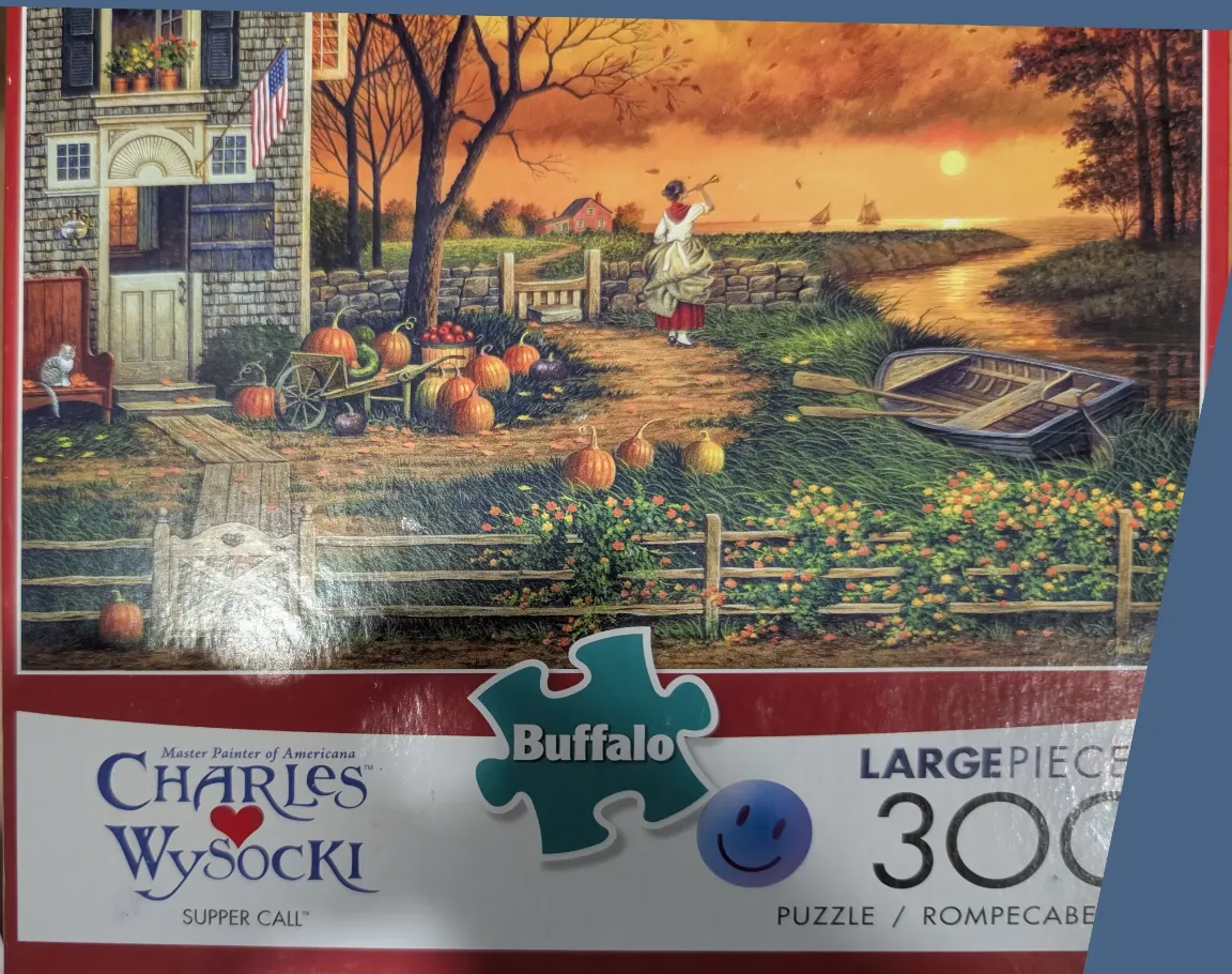A nostalgic Americana illustration of a woman blowing a horn outside a farmhouse during a golden autumn sunset.