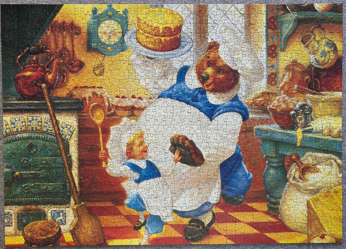 An illustration of a large bear and a young child baking together in a cozy kitchen.