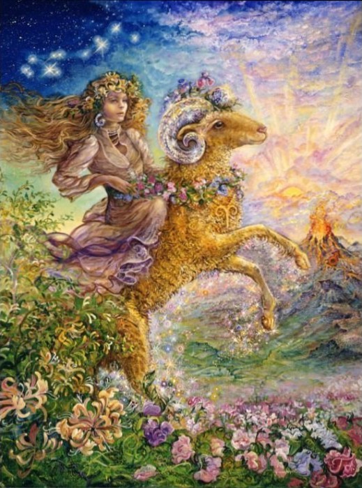 A woman with flowing hair riding a majestic, floral-adorned ram under a starry sky and a rising sun.