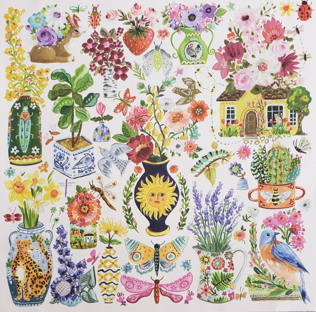 A whimsical collection of botanical, animal, and garden-themed watercolor illustrations on a white background.