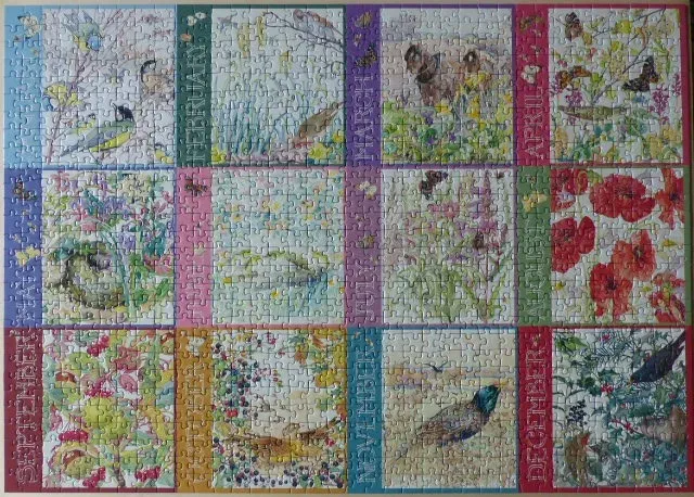 A nature-themed calendar illustration featuring 12 panels, each representing a month of the year with seasonal imagery.