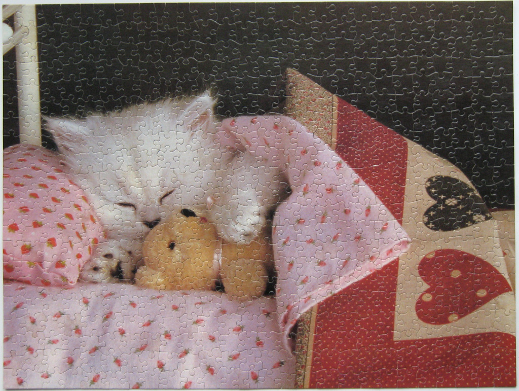 A fluffy white kitten sleeping in a pink strawberry-patterned bed while cuddling a small tan teddy bear.