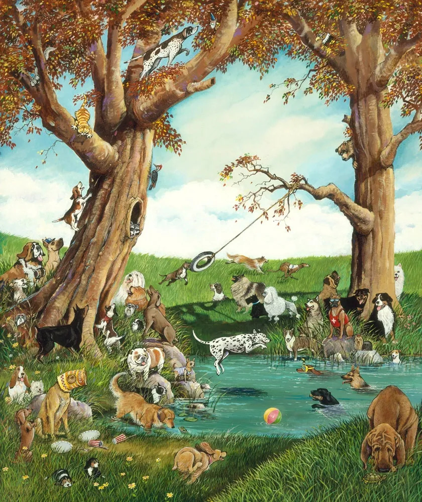 A whimsical illustration of dozens of different dog breeds playing in a park with large trees, a pond, and a tire swing.