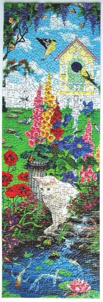 A vertical garden scene with a white cat, colorful flowers, a birdhouse, and a koi pond.