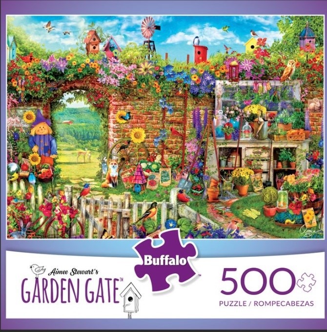 A whimsical garden scene featuring a brick wall, an open archway to a green meadow, and numerous birdhouses and flowers.