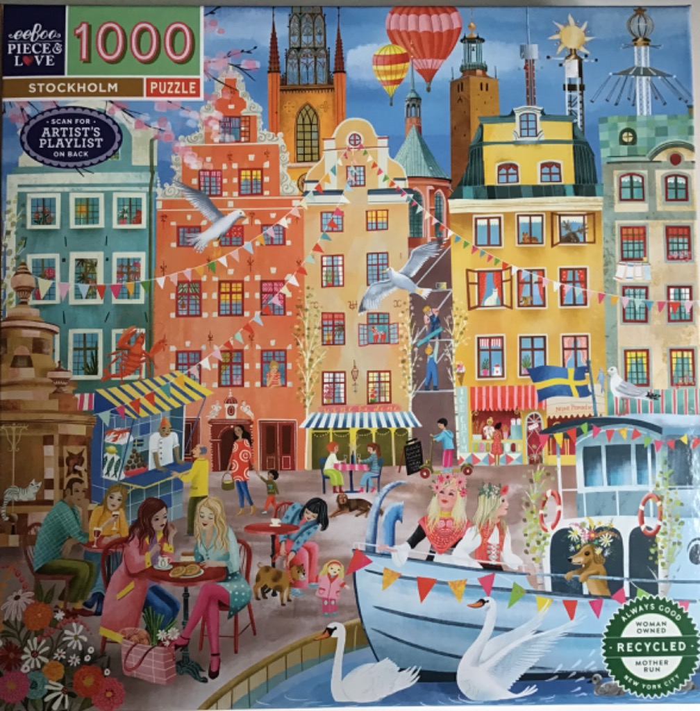 A whimsical illustration of a lively Stockholm square with colourful buildings, a canal, and people enjoying the day.