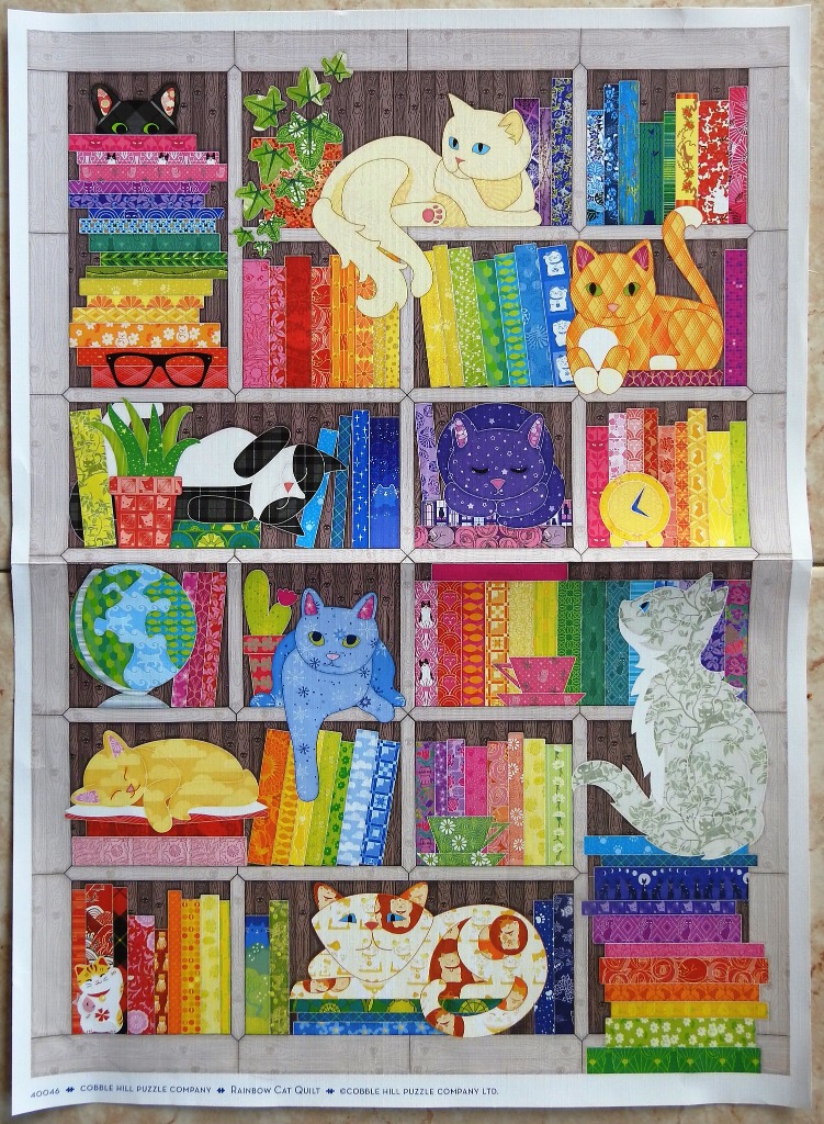 A whimsical illustration of a multi-tiered wooden bookshelf filled with colorful rainbow-patterned books and diverse cats.