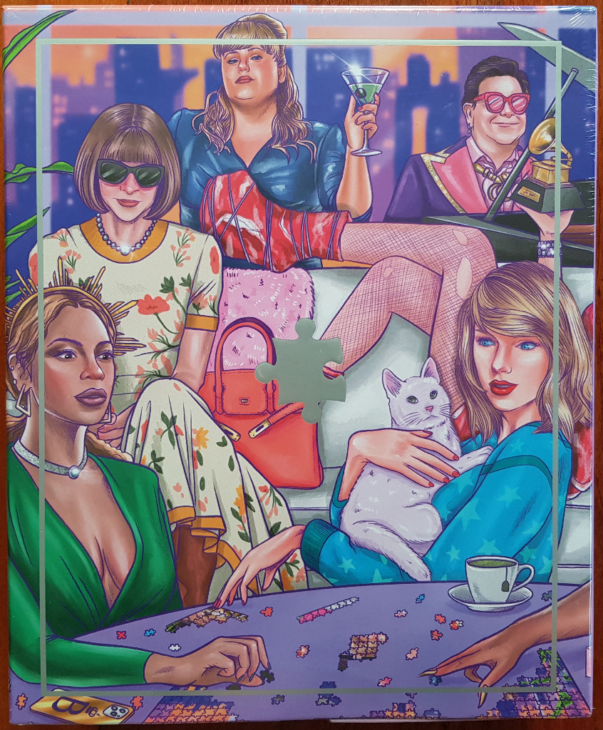An illustration featuring five iconic female celebrities gathered together at a table, some working on a jigsaw puzzle.