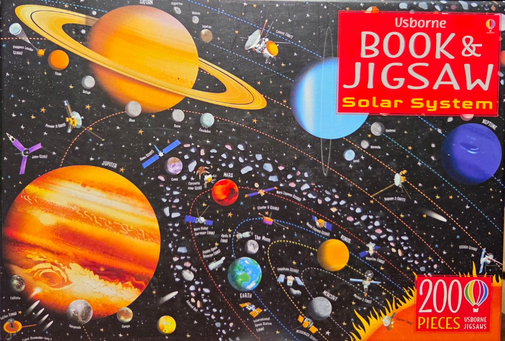 An illustrated map of the solar system featuring planets, moons, and various spacecraft against a black space background.