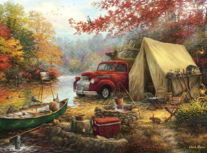 A red vintage truck and canvas tent parked by a river in an autumn forest filled with wildlife.