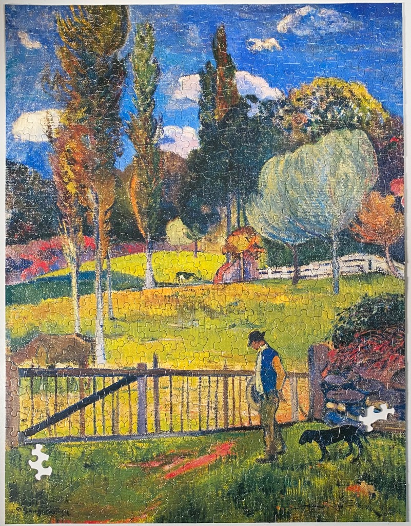 Painting of a man and his dog in a bright rural landscape with tall trees and a picket fence.