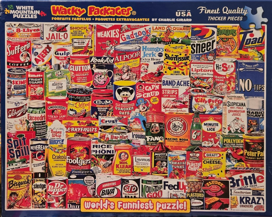 A collage of parodied consumer product packaging and brand labels in a vibrant, cartoonish illustration.