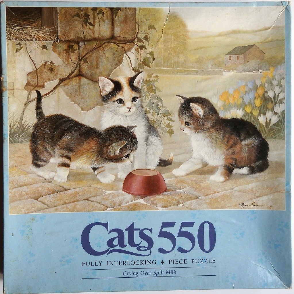 Three kittens gathered around an empty bowl on a stone patio with a countryside backdrop